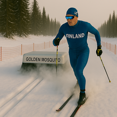 Cross-country skier in blue suit skiing on a groomed trail beside a Golden Mosquito snow grooming machine