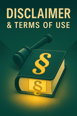Illustration of a legal book with a glowing paragraph symbol and a judge’s gavel, representing disclaimer and terms of use.