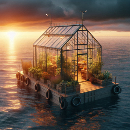 Floating FrykenPontoon™ greenhouse on open water, supporting automated crop cultivation above and oxygenation of deeper water layers below.